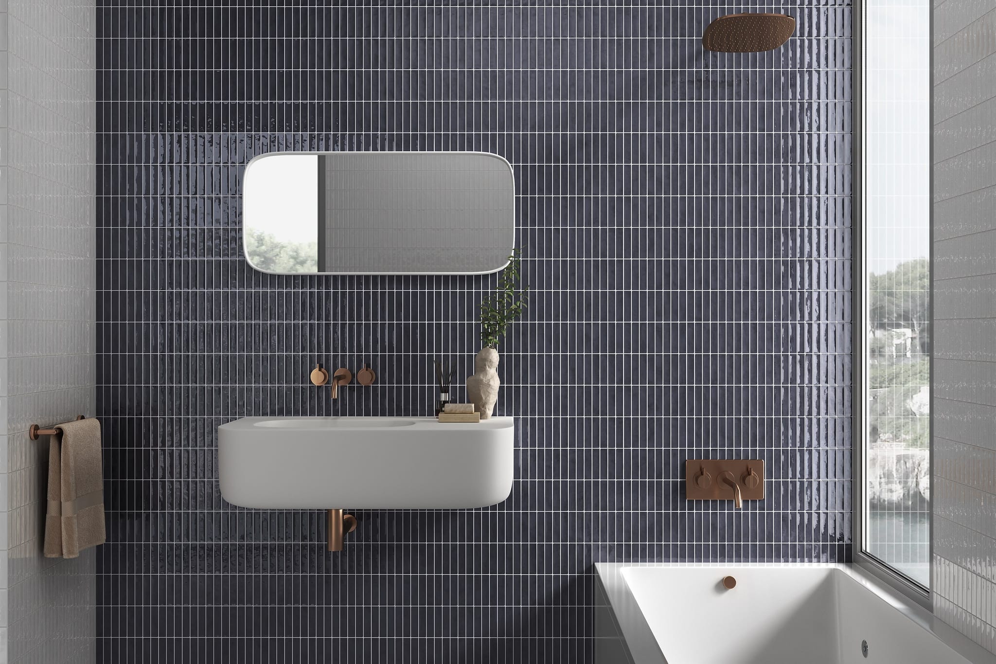 Baño Iberia Azul con muro de listeles y grifería cobre — showroom A.MODO