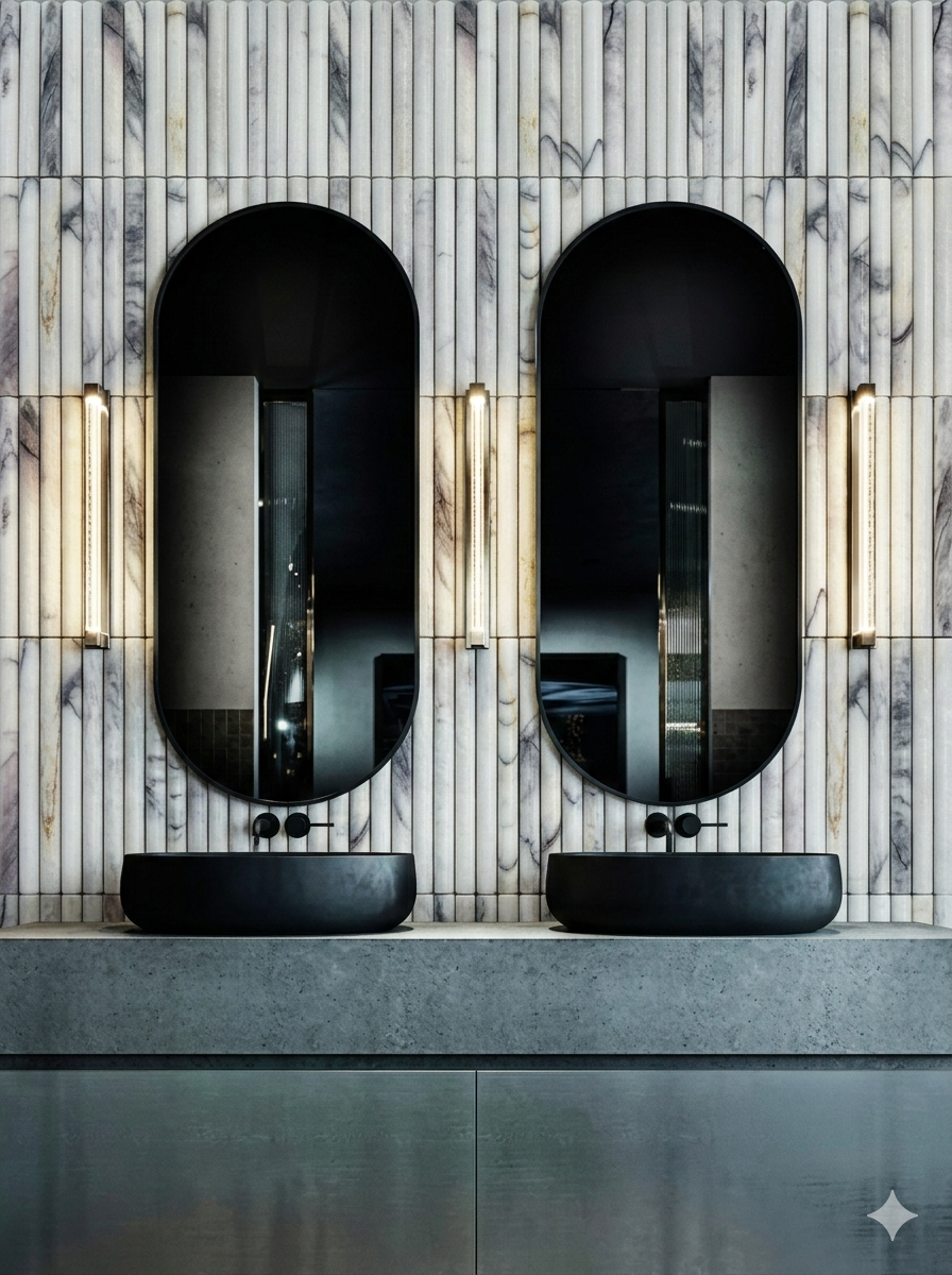 Ambiente con malla SVG24300 en muro focal y mobiliario contemporáneo — showroom A.MODO