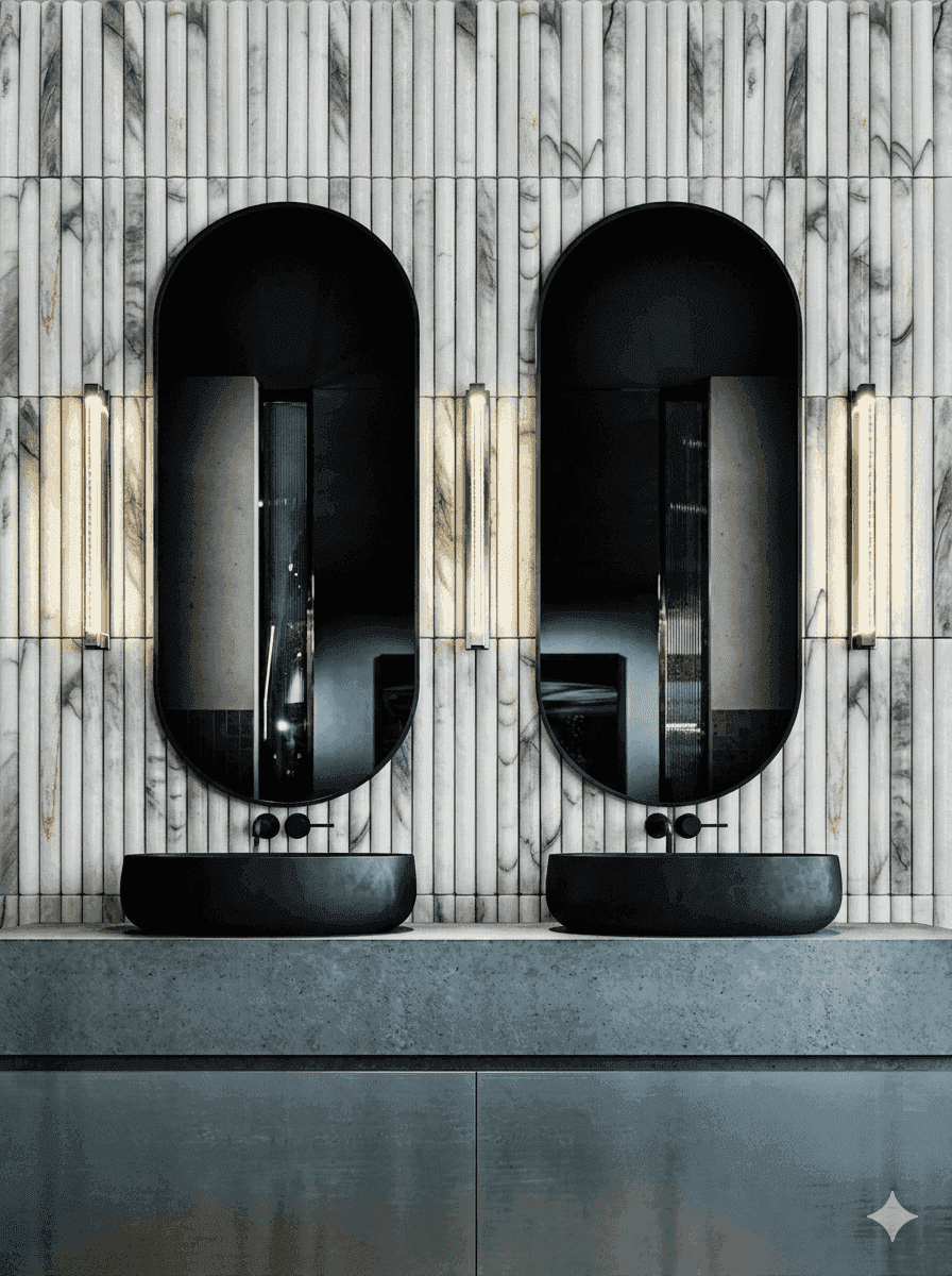 Ambiente con malla SVG24300 en muro focal y mobiliario contemporáneo — showroom A.MODO